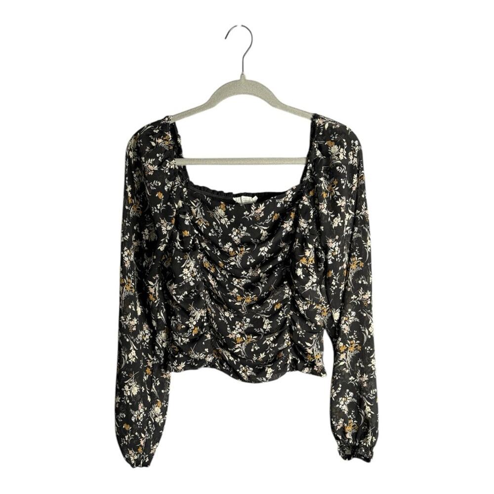 All in Favor Black White Floral Long Sleeve Blouse Ruched Front Large